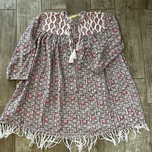 Roberta Roller Rabbit‎ Round Neck Fringe Floral Tunic Kurta Top Boho CoverUp Med